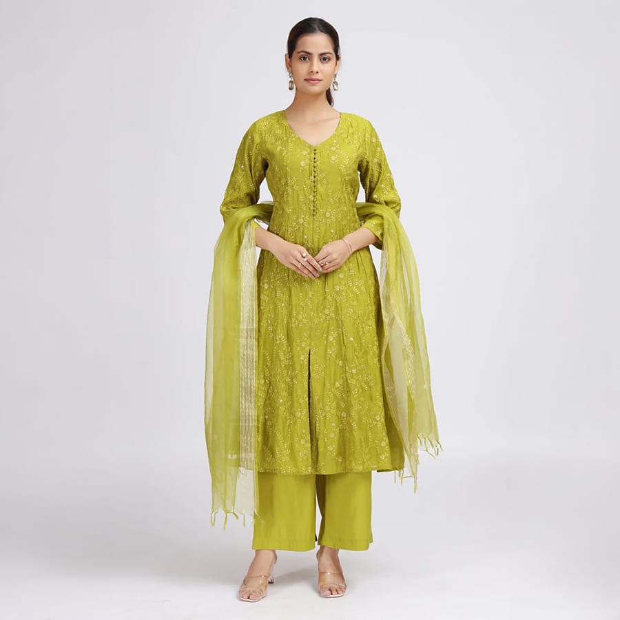 Lime Green Chanderi Embroidered A Line Kurta Pant and Dupatta Suit Set