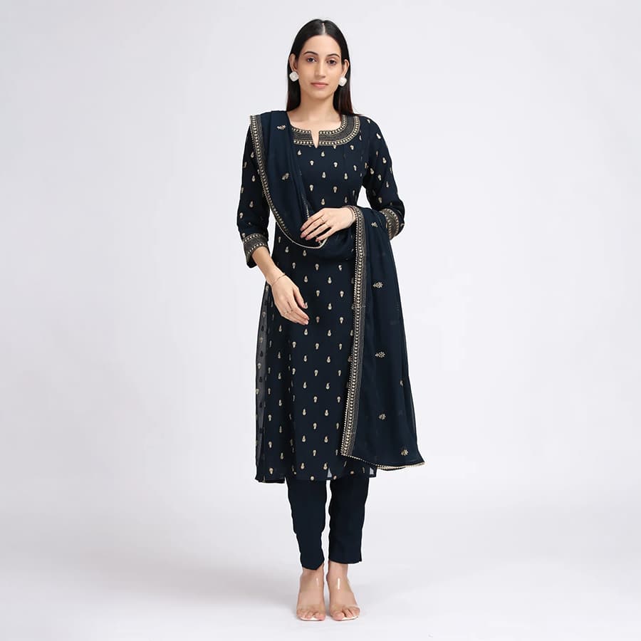 Navy Blue Georgette Embroidered A Line Kurta Pant and Dupatta Suit Set