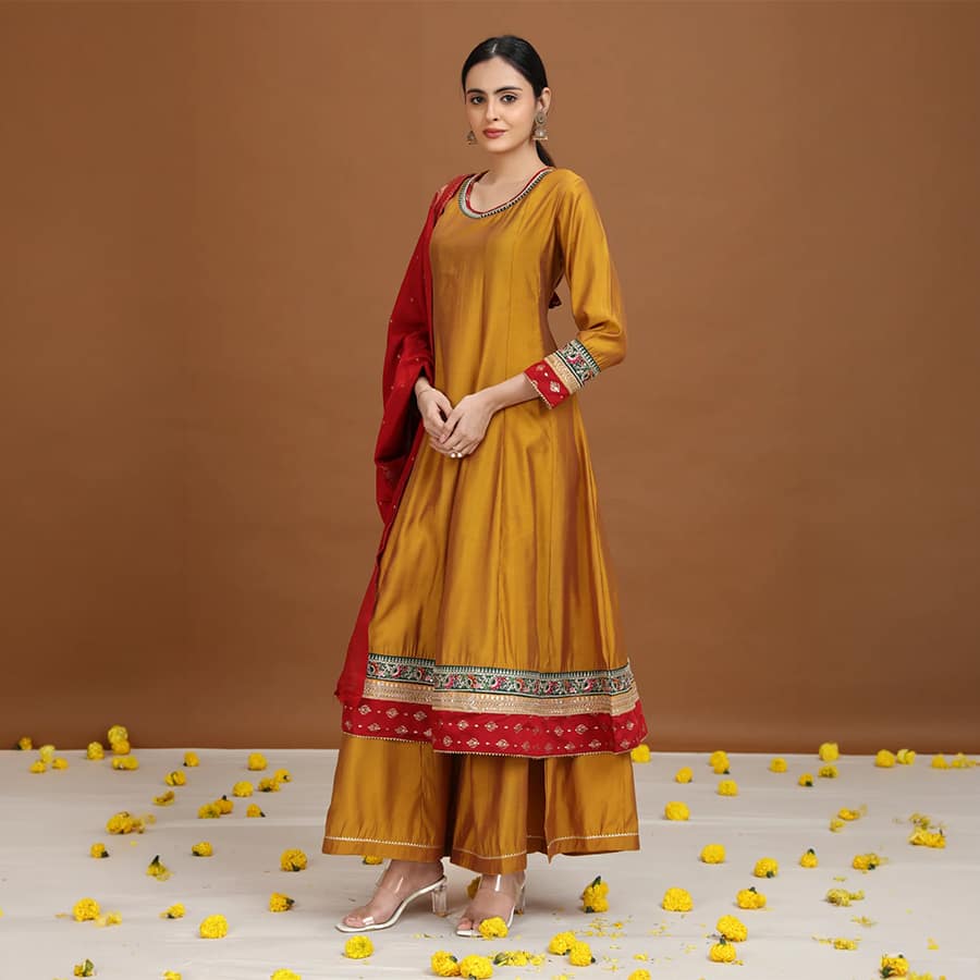 Mustard Embroidered Anarkali Ethnic Set