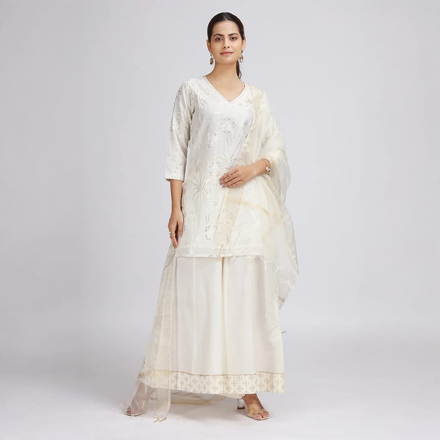 Off White Chanderi Embroidered Straight Kurta Palazzo and Dupatta Suit Set