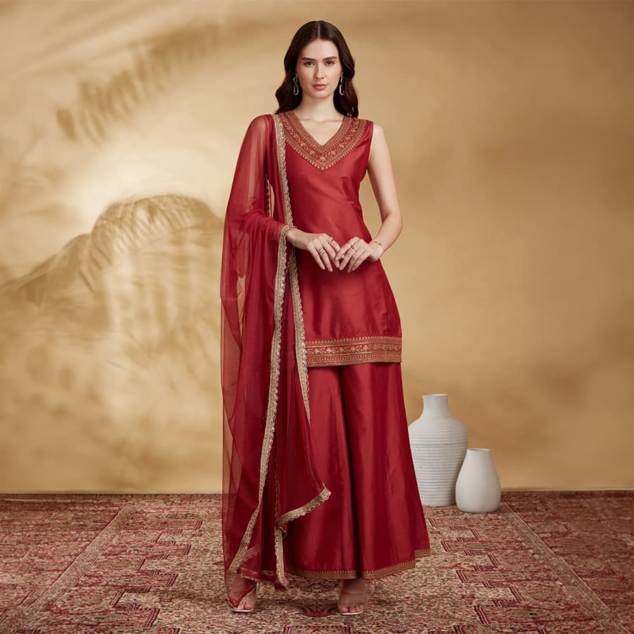 Rust PolySilk Embroidered Straight Kurta Palazzo and Dupatta Suit Set