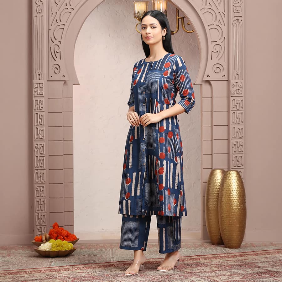 Indigo Blue Jaipuri Cotton Straight Printed Kurta Pant Co ord Set