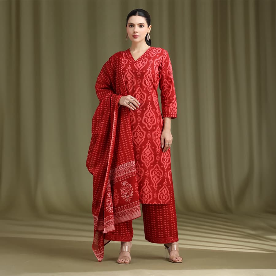 Maroon Printed Ethnic Cotton Ethnic Set