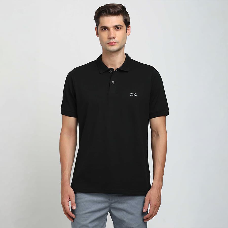 Black Plain Cotton Stretch Polo T-Shirt