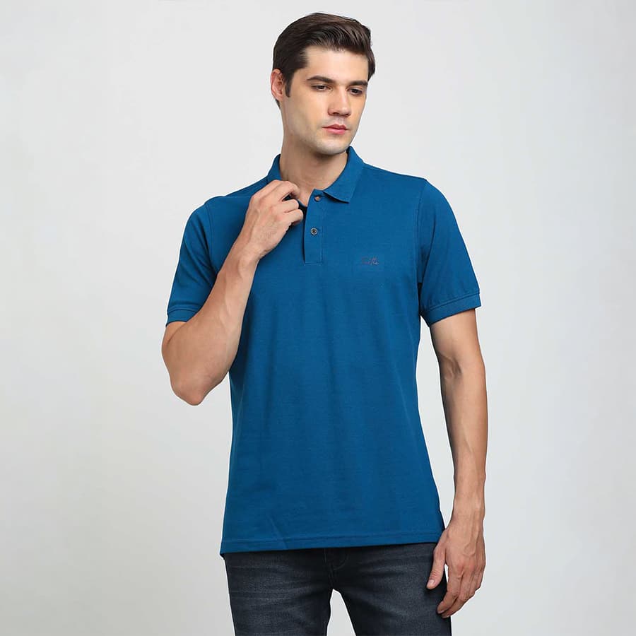 Blue Plain Cotton Stretch Polo T-Shirt