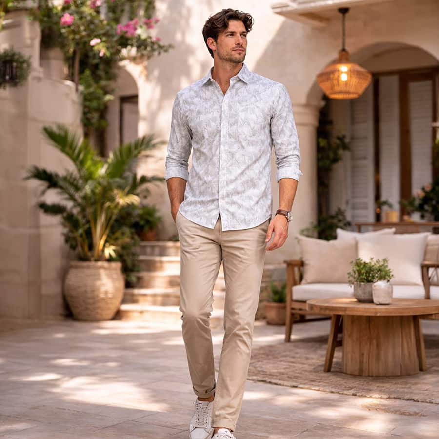 Olive Printed Cotton Casual Shirt