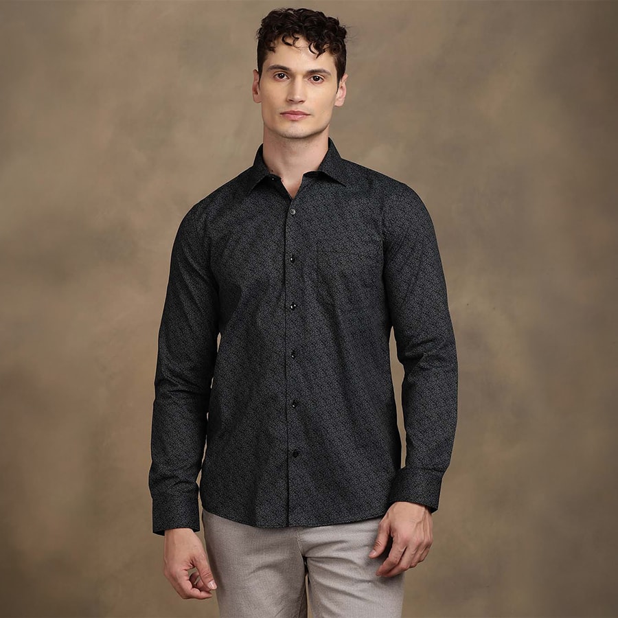 Black Printed Cotton Formal Shirt