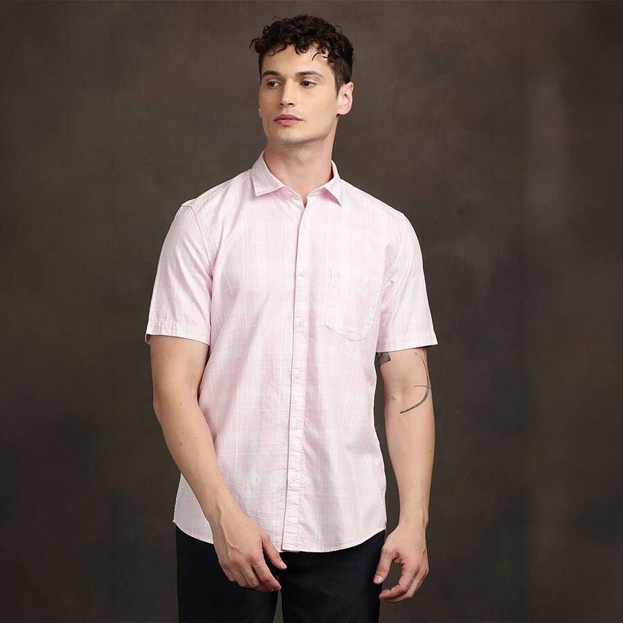 Blush Checked Half Sleeve Slim Shirt
