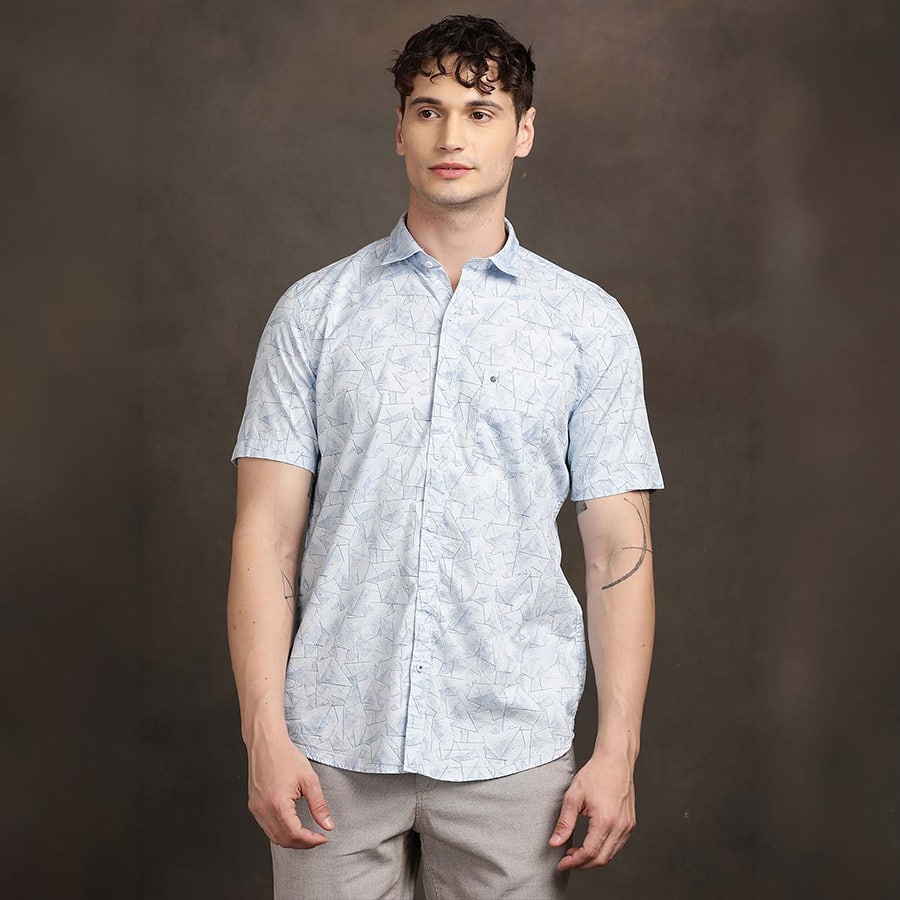Sky Blue Printed Half Sleeve Slim Shirt