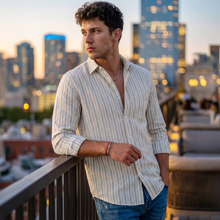 Men's Beige & Green Striped Cotton Linen Shirt