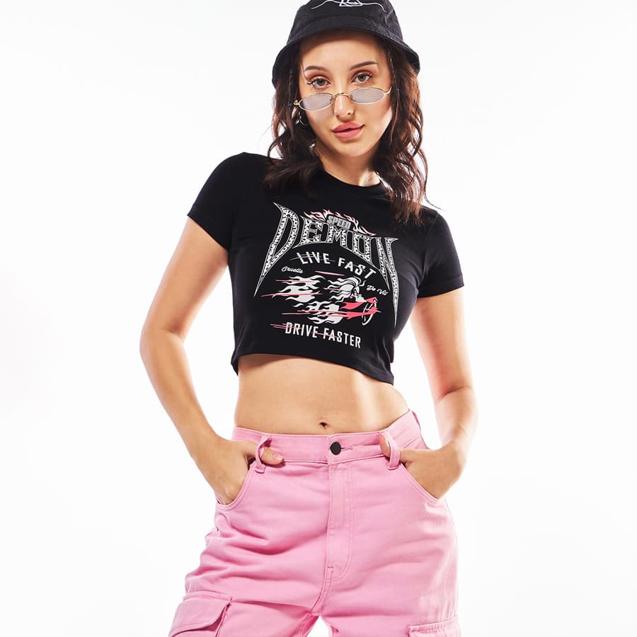 Women's Black Graphic Printed Slim Fit Short Top