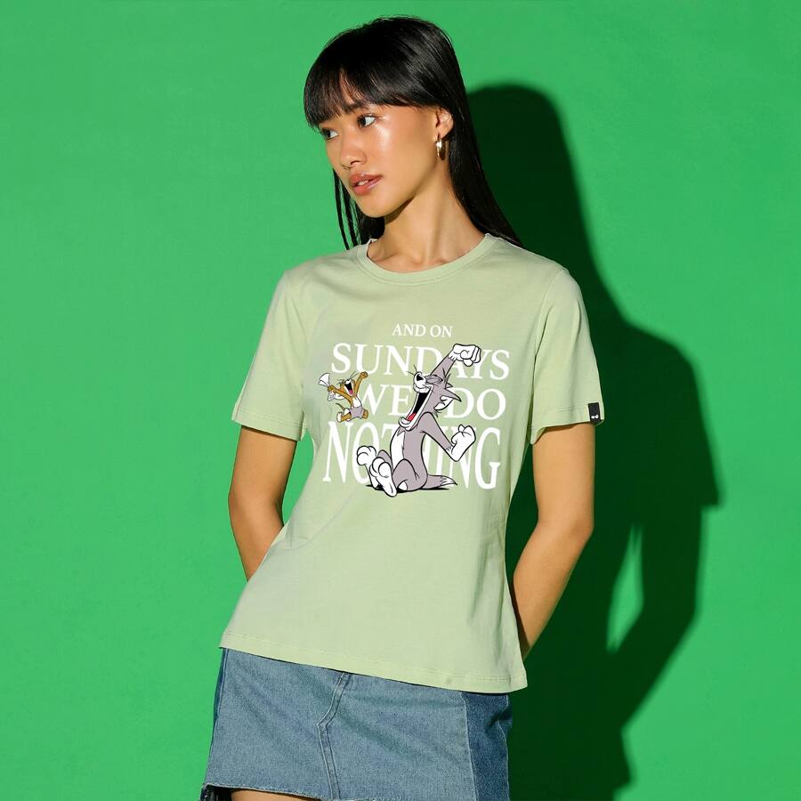 Women's Green Sundays We Do Nothing Graphic Printed T-shirt