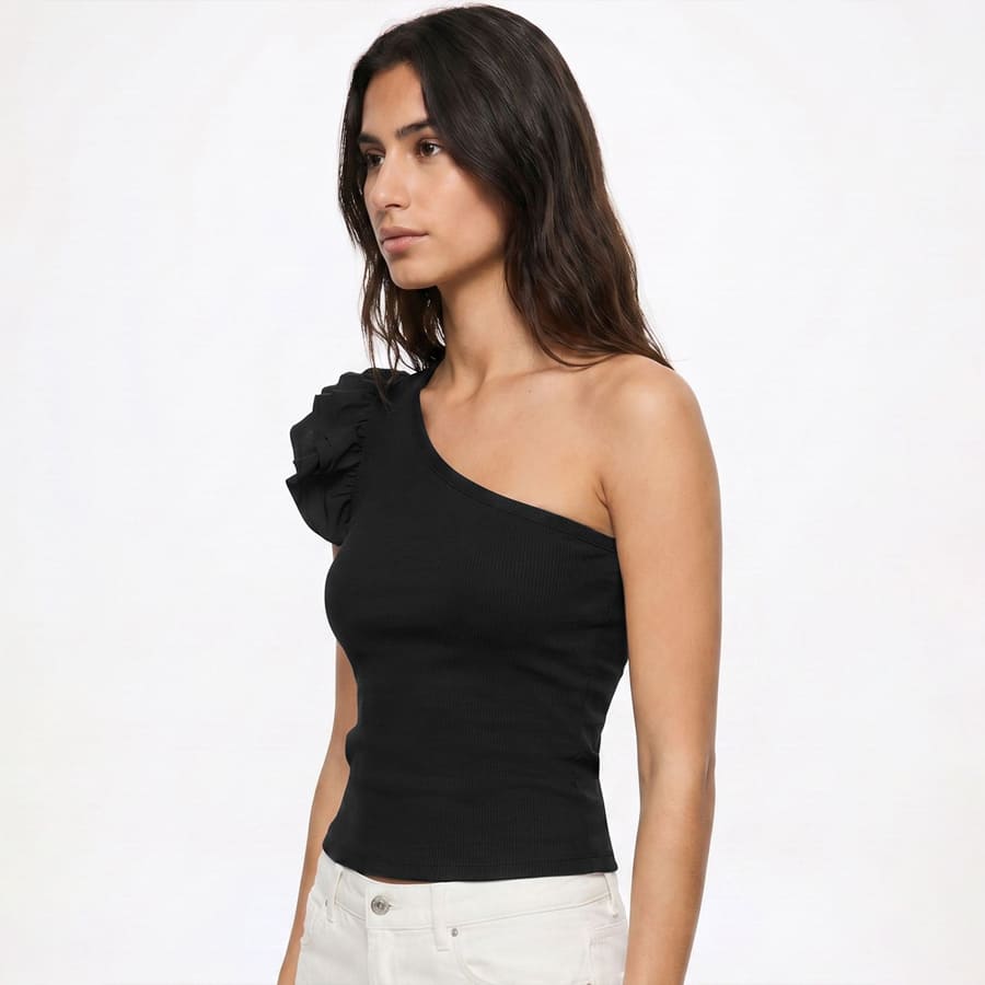Women's Jet Black Textured Slim Fit Short Top