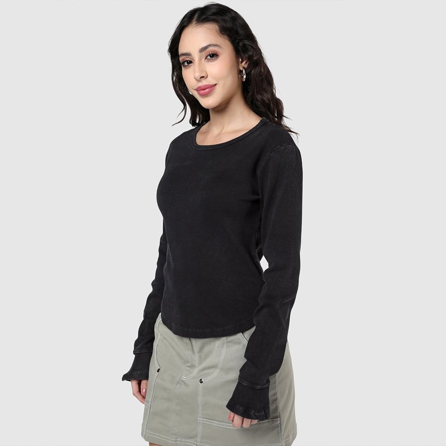 Women's Black Slim Fit Acid Wash Top