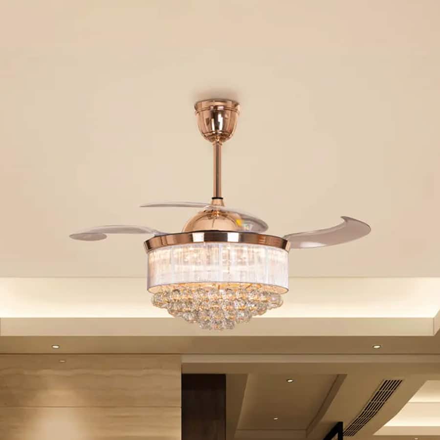 Drop Dead Gorgeous (112 cm Span, Matte Gold Finish Metal Body, Transparent ABS Blades) Dimmable LED With Remote Control Crystal Chandelier Ceiling Fan