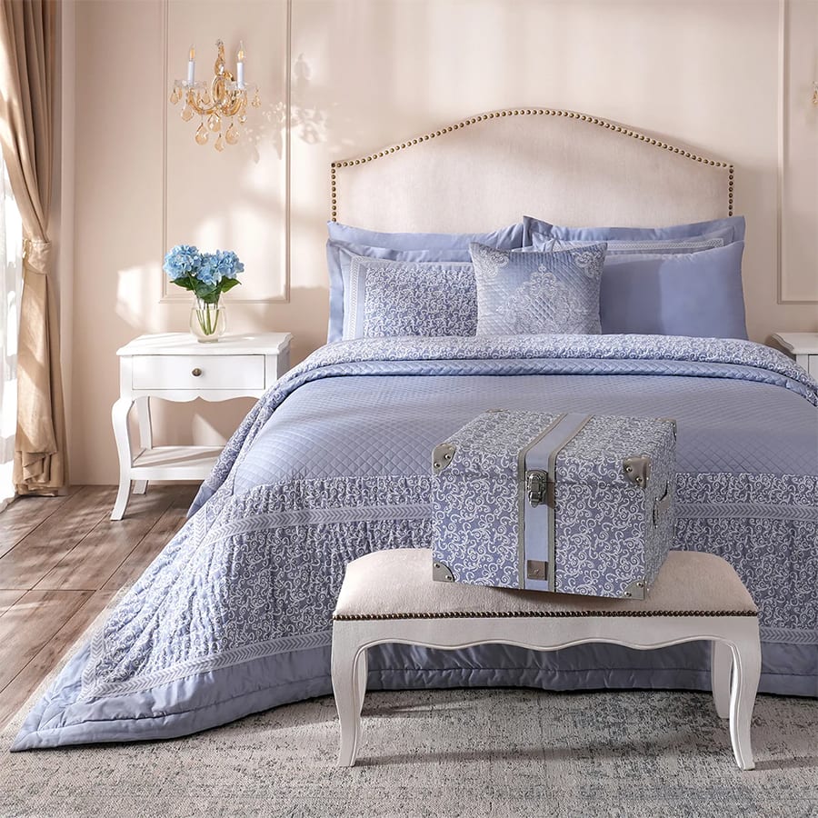 Ornamental Elegance Splendid 100% Cotton 8Pcs Quilt/Qulited Bed Cover Set Blue