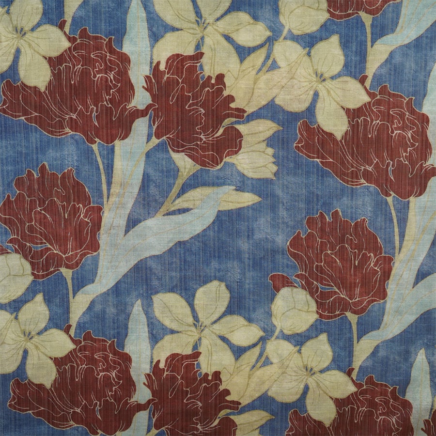 Blue with Cream Floral Print Viscose Turkey Linen Fabric PDM-29900