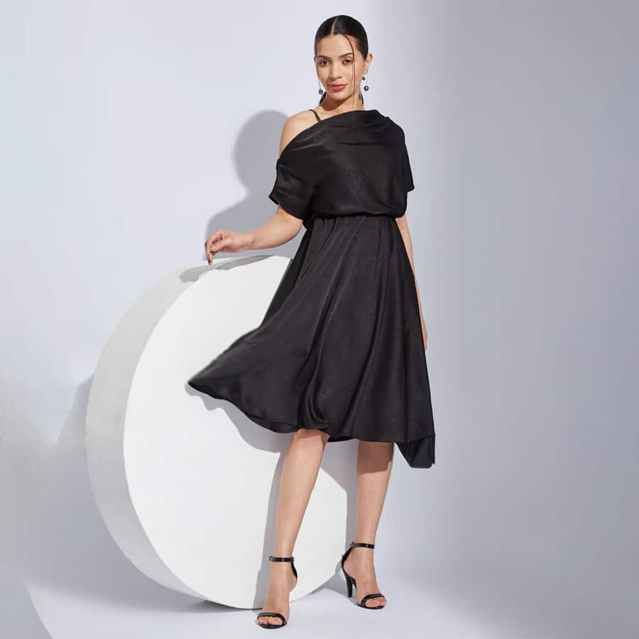 Latin Quarters Women Black One Shoulder Half Sleeves Solid Fit & Flare Dress For Party Wear