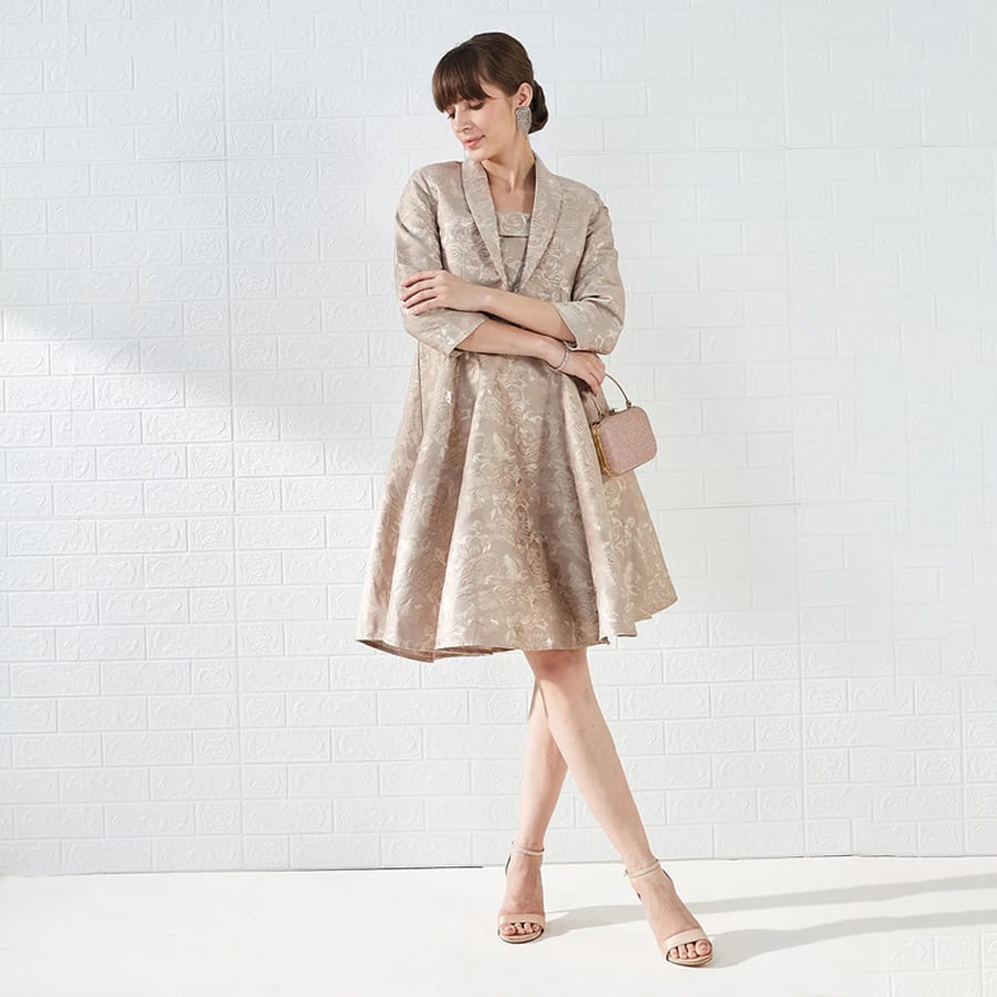 Latin Quarters Women's Beige Stappy With 3/4Th Sleeves Jacket Sweetheart Neck Self Design Party Above Knee Dress