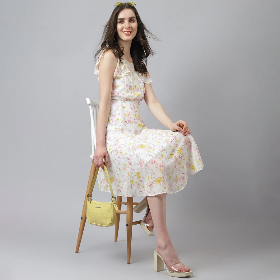 Ivory Floral Printed A-Line Dress With Cap Sleeves
