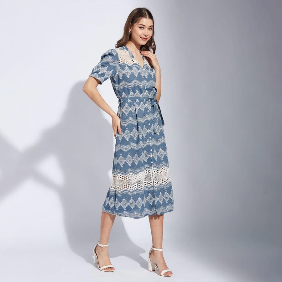 Latin Quarters Women'S Blue V-Neck Half Sleeves Embroidery Casual Shirt Dress