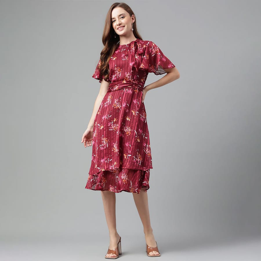 Maroon Half Sleeve Printed Pleated Dress