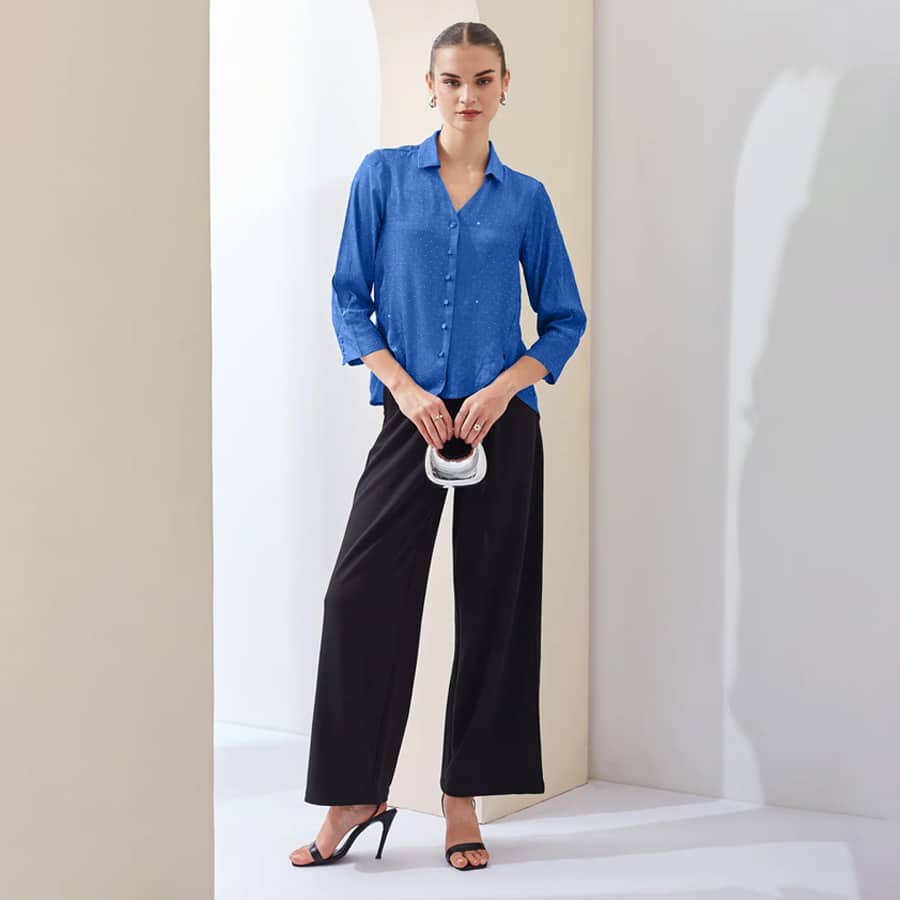 Latin Quarters Women Blue Spread Collar Long Sleeves Shirt for Casual Wear