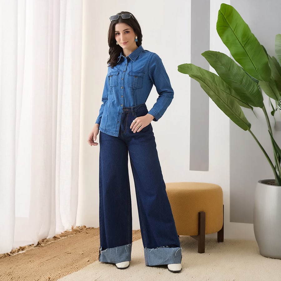 Latin Quarters Women Blue Solid Full Sleeves Collar Neck Casual Shirt