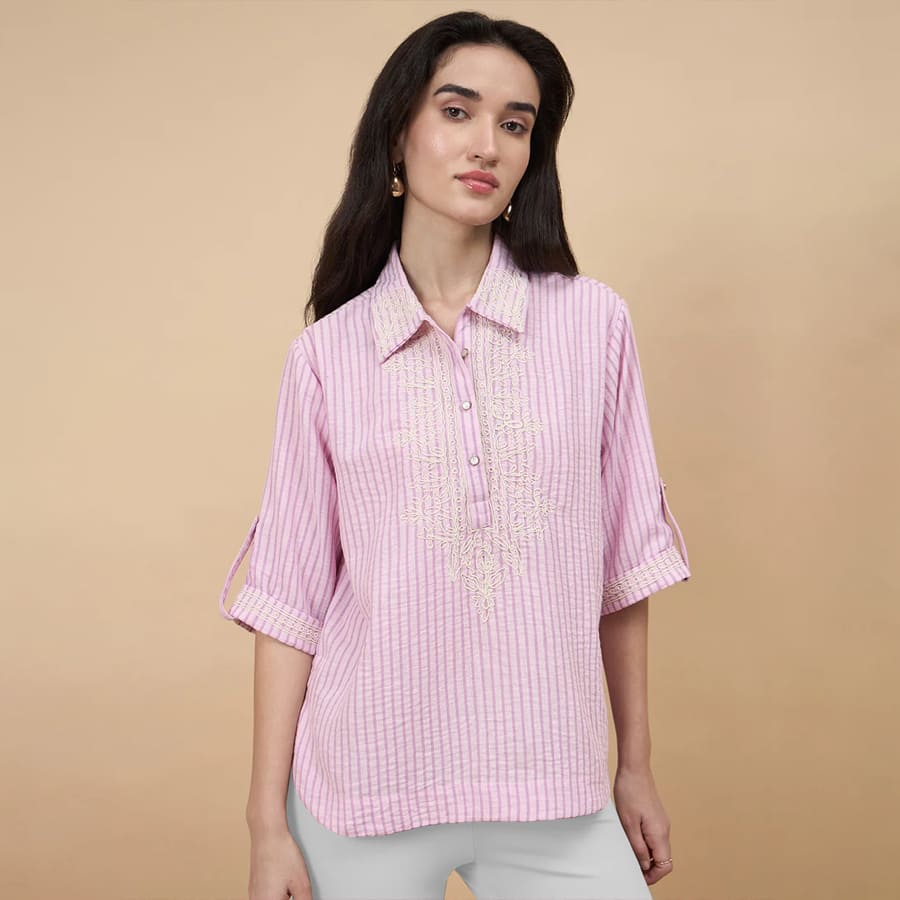 Pink Stripe Poly Viscose Embroidery Tunic