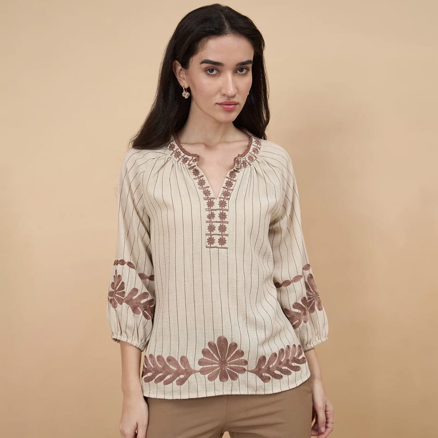 Beige Embroidery Poly Viscose Tunic