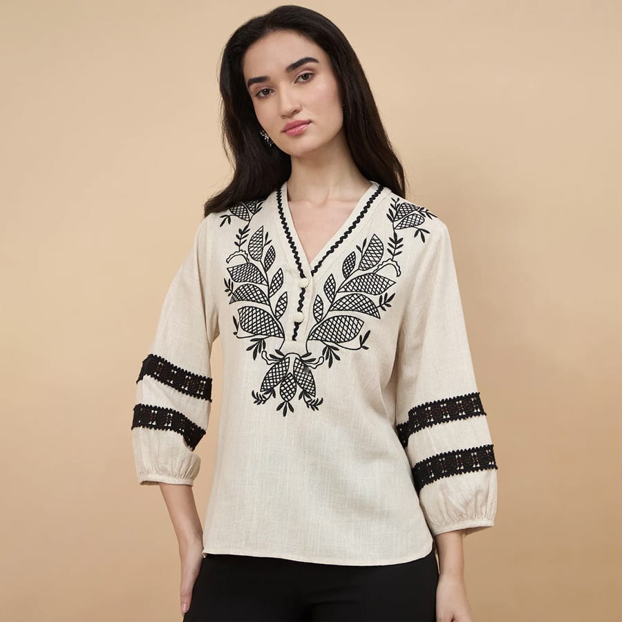 Beige Embroidery Linen Viscose Tunic
