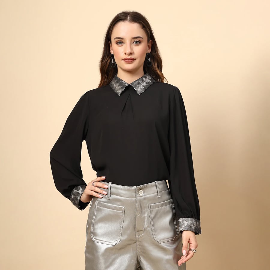 Black Polyester Top with Sequined Collar And Cuff Details