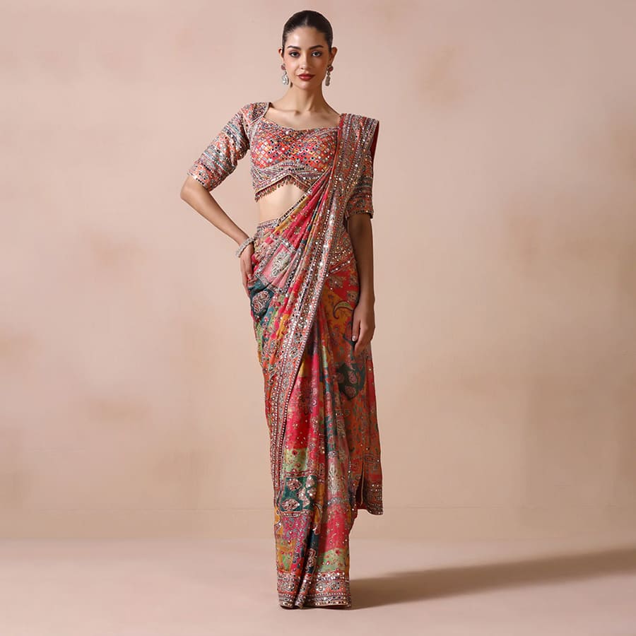 Multicolour Heritage Patchwork Saree with Embellished Blouse