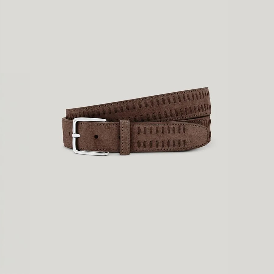 Brown suede belt with decorative vertical topstitching