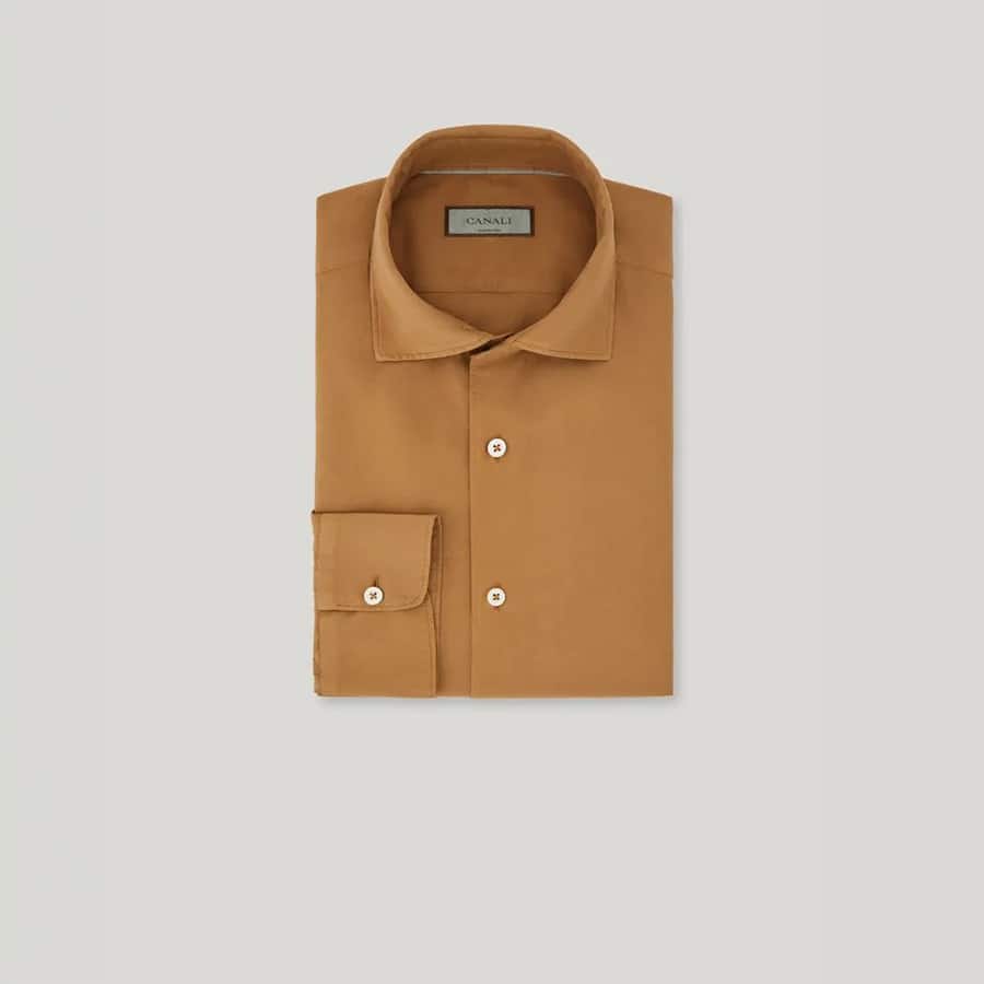 Terracotta-colored regular fit silk cotton garment dyed shirt