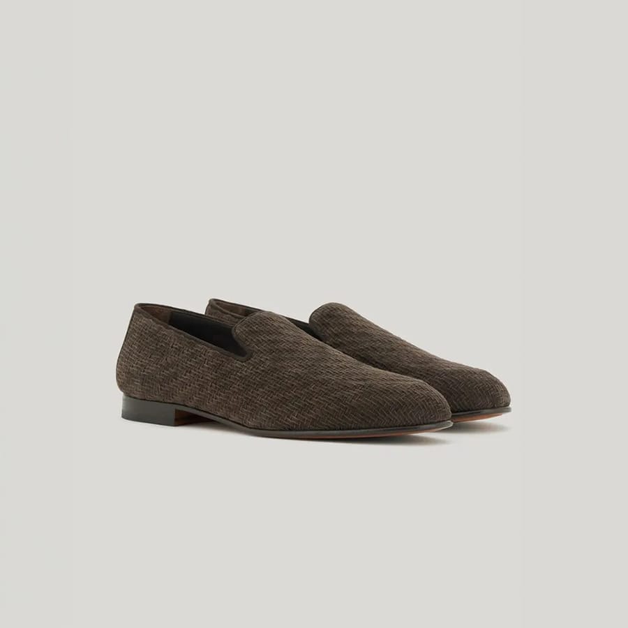 Brown woven suede slip-ons with leather and rubber sole