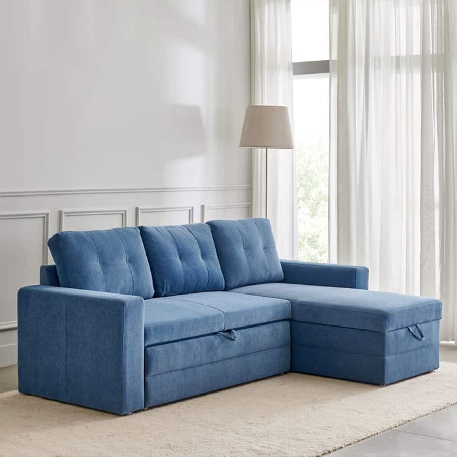 Helios Woodland Fabric 3-Seater Storage Sofa Bed with Interchangeable Chaise - Blue