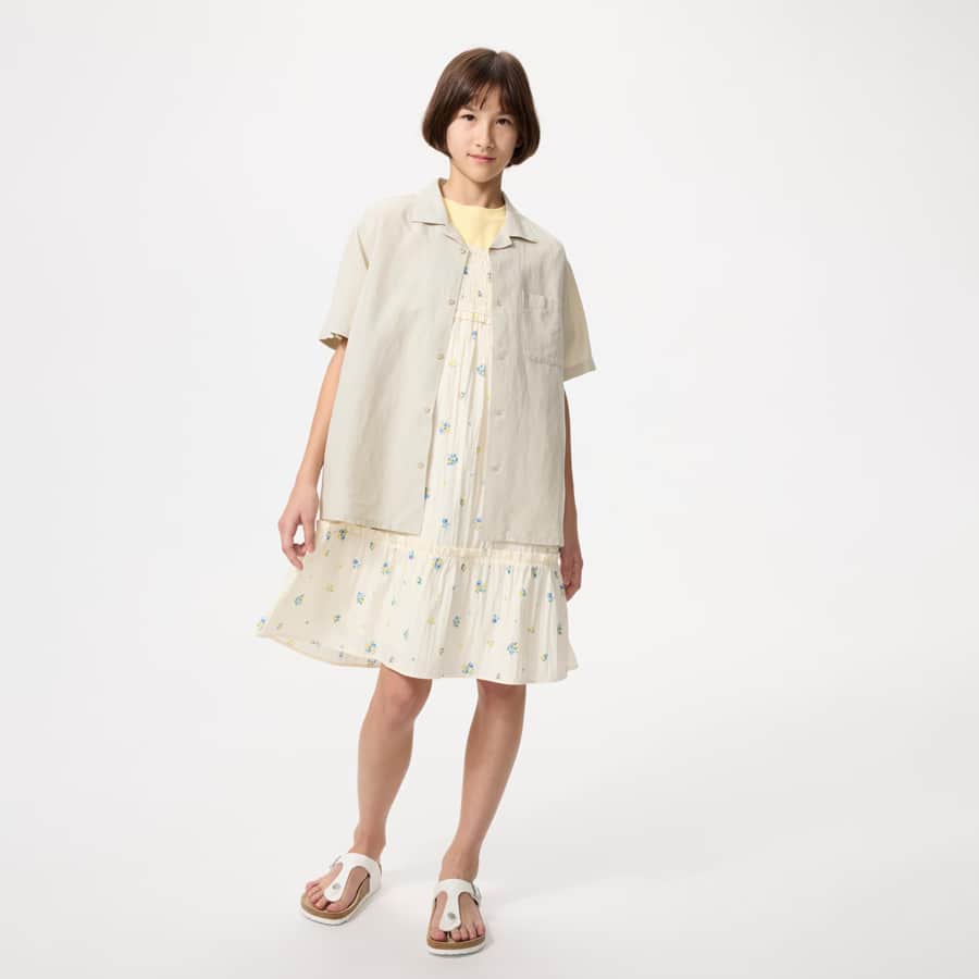 Linen Blend Open Collar Shirt Short Sleeve