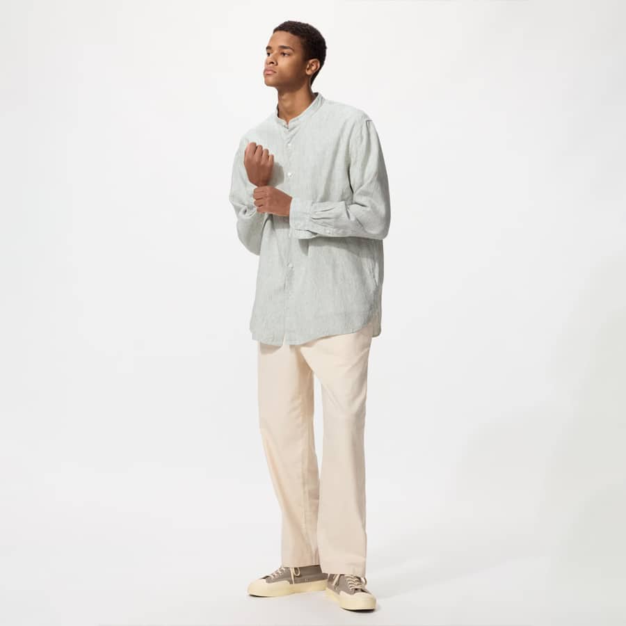 Premium Linen Stand Collar Shirt Long Sleeve (Stripe)