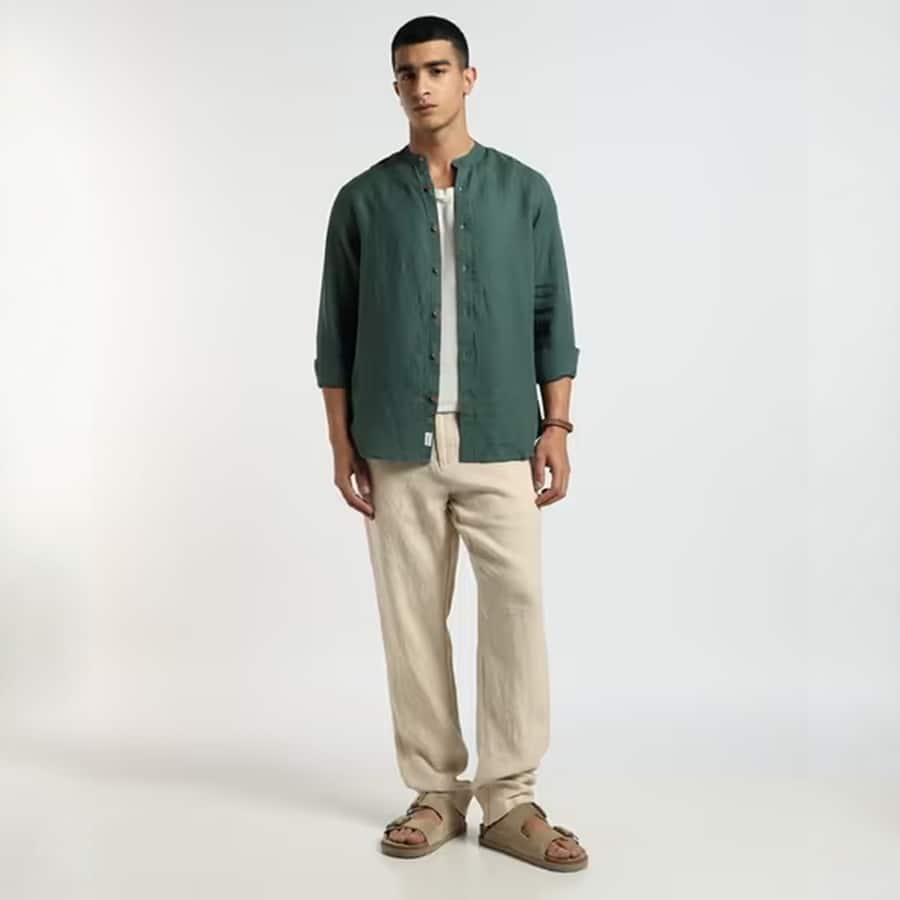 Pure Linen Shirt with Mandarin Collar