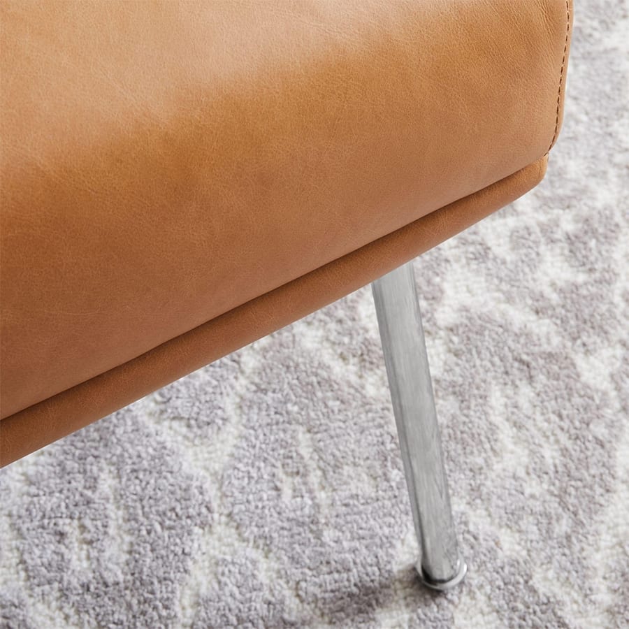 Austin Stationary Ottoman, Ludlow Leather, Sesame, Polished Stainless Steel