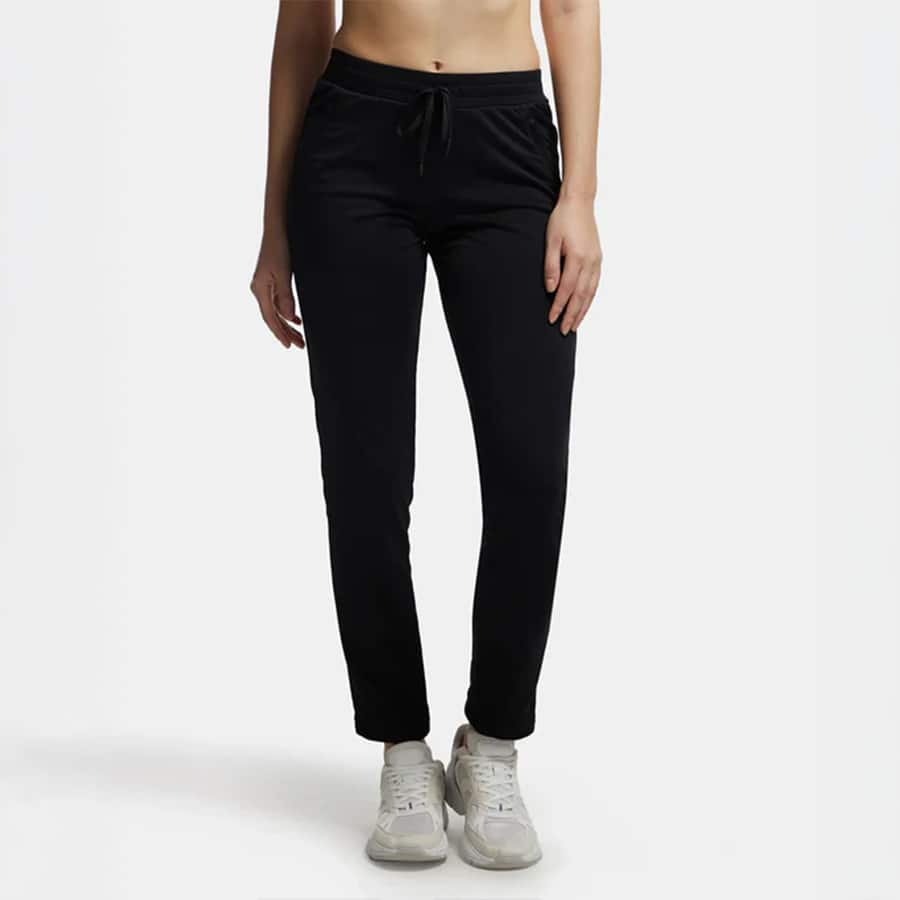 Microfiber Fabric Straight Fit Trackpants with Side Zipper Pockets - Black