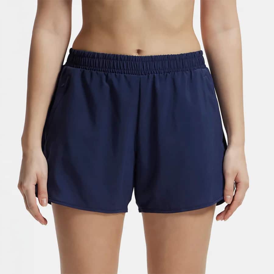 Microfiber Elastane Stretch Double Layered Woven Fabric Regular Fit Shorts with Zipper Pockets - Peacoat