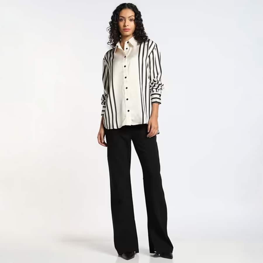 Women Striped Printed Oversized Long Sleeve Shirt