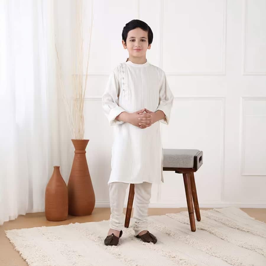 White Viscose Blend Zari Striped Long Kurta