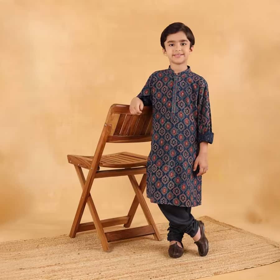 Indigo Cotton Ajrakh Printed Long Kurta