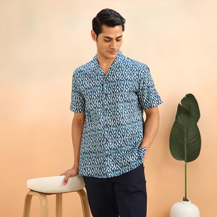 Blue Cotton Printed Cuban Shirt