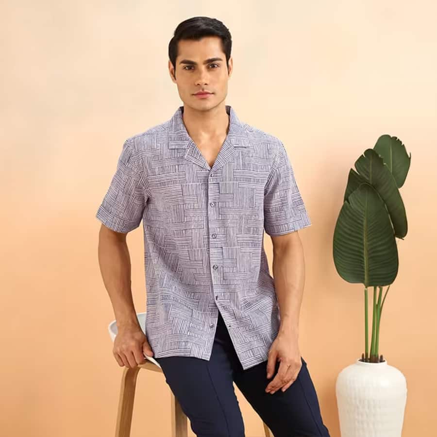 Grey Cotton Printed Cuban Shirt