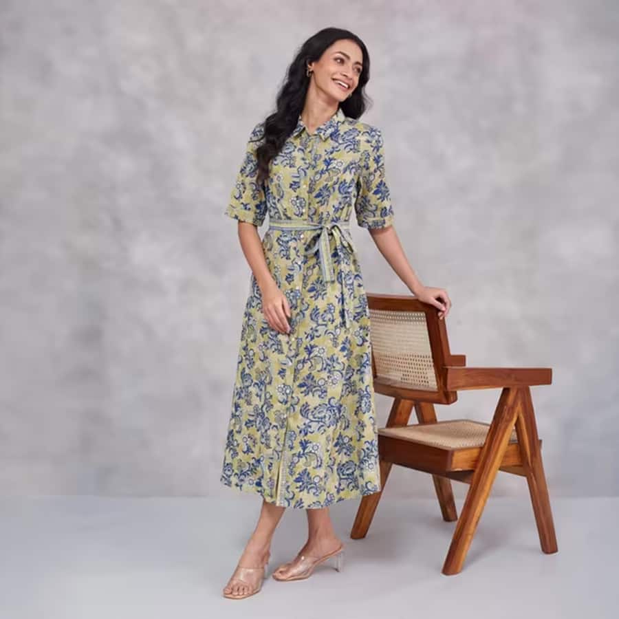 Green Cotton Hand Block Printed Midi Dress