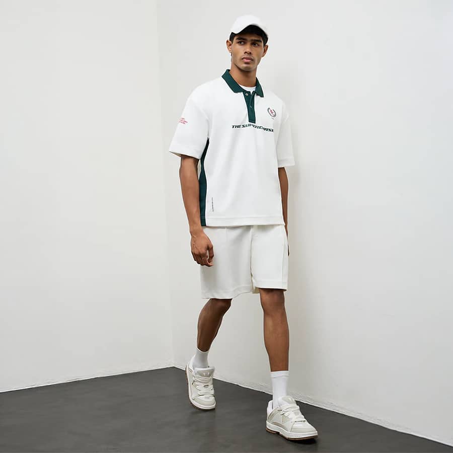 Nuoflexx White Printed Relaxed-Fit Cotton-Blend Polo T-Shirt
